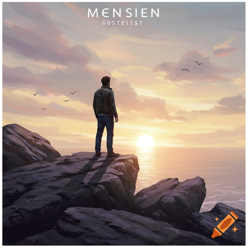 Illustration of a man standing on a rocky cliff overlooking a serene ocean sunset, with text 'MENSIEN GUSTELEST'.
