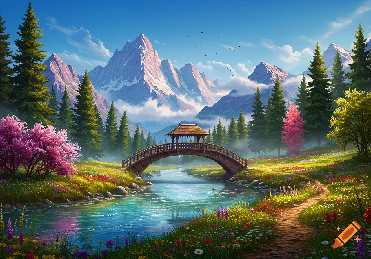 Vibrant stylized landscape with a wooden bridge over a river, colorful wildflowers, pine trees, and snow-capped mountains under a blue sky.