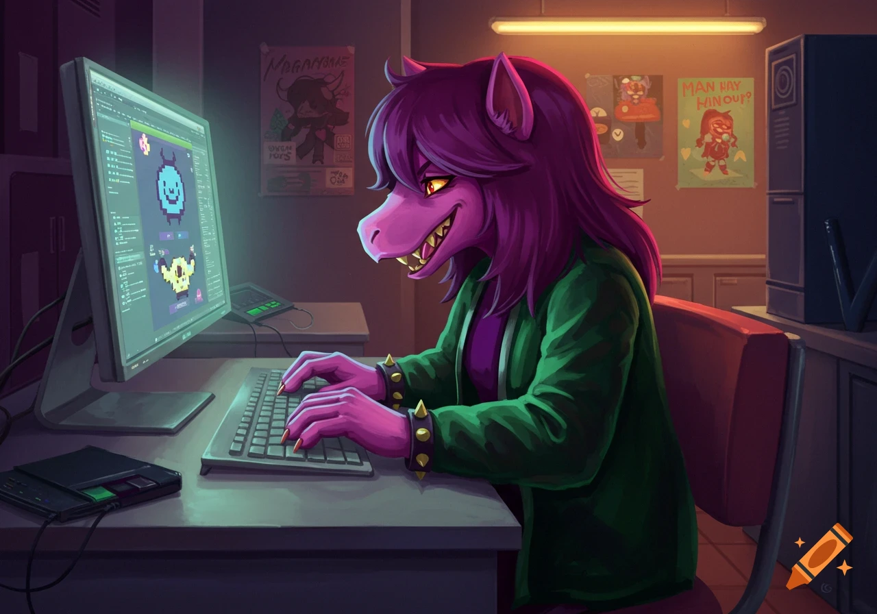 Susie from Deltarune, a purple monster with a spiky collar, sits at a desk typing on a keyboard, looking at a computer screen displaying pixel art. Posters hang on the wall behind her.