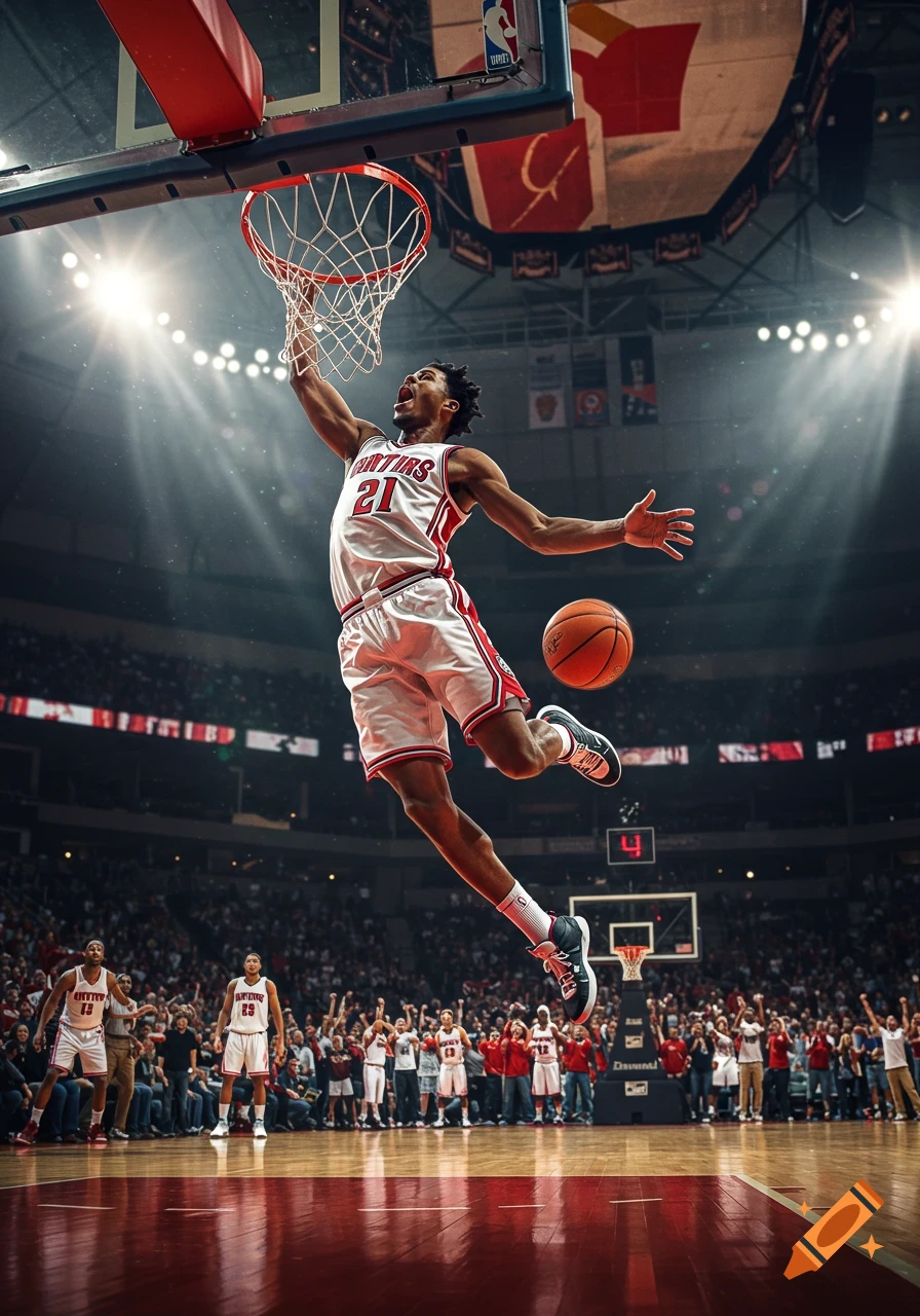 Photorealistic image of a basketball player in a white and red jersey with number 21 mid-air, dunking a basketball in a brightly lit arena.