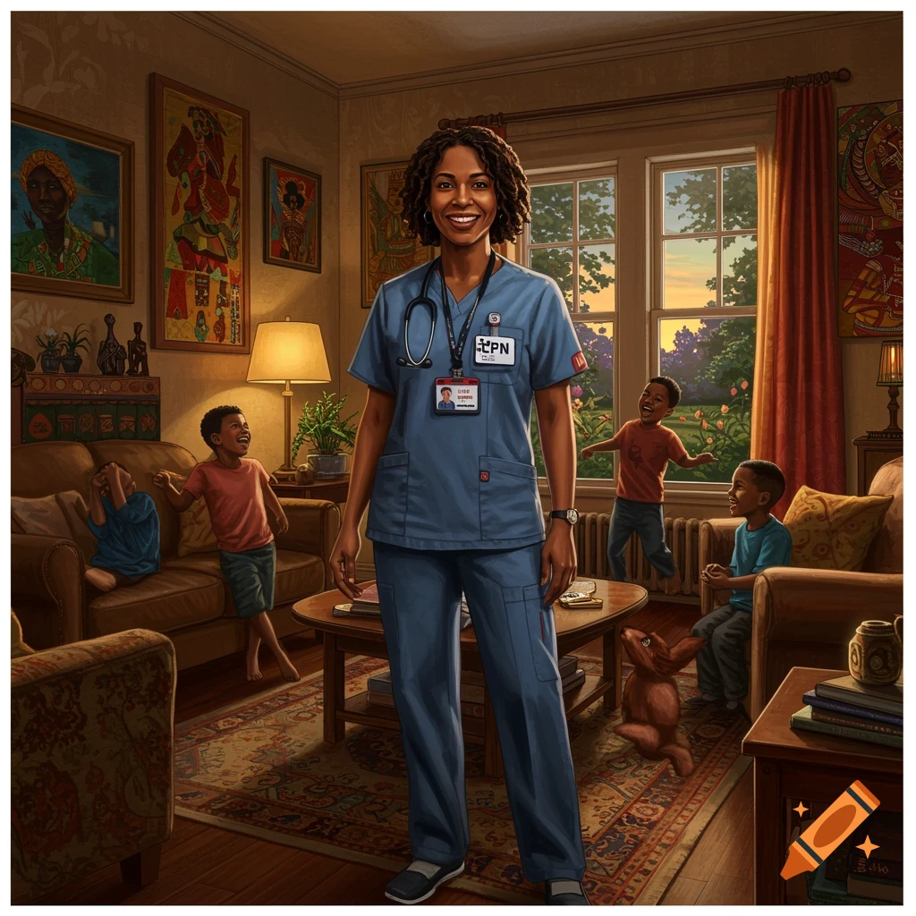A Black woman in blue nurse scrubs smiles brightly, standing in a lively living room while three young boys play around her.