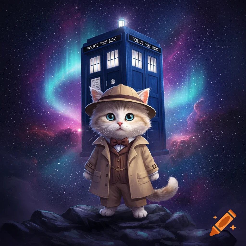 A fluffy cat in a trench coat and fedora stands on rocks with a blue Doctor Who TARDIS police box in a starry galaxy background with a nebula.