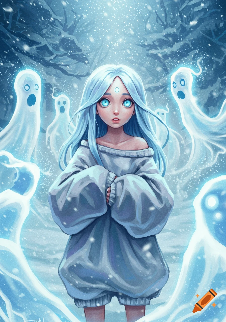 Blue-haired girl in baggy clothes with glowing blue eyes, surrounded by ice spirits in a snowy fantasy landscape, anime style.