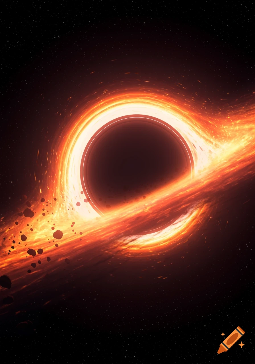 A vibrant, fiery orange and yellow black hole with a glowing accretion disk and debris against a starry dark space background.
