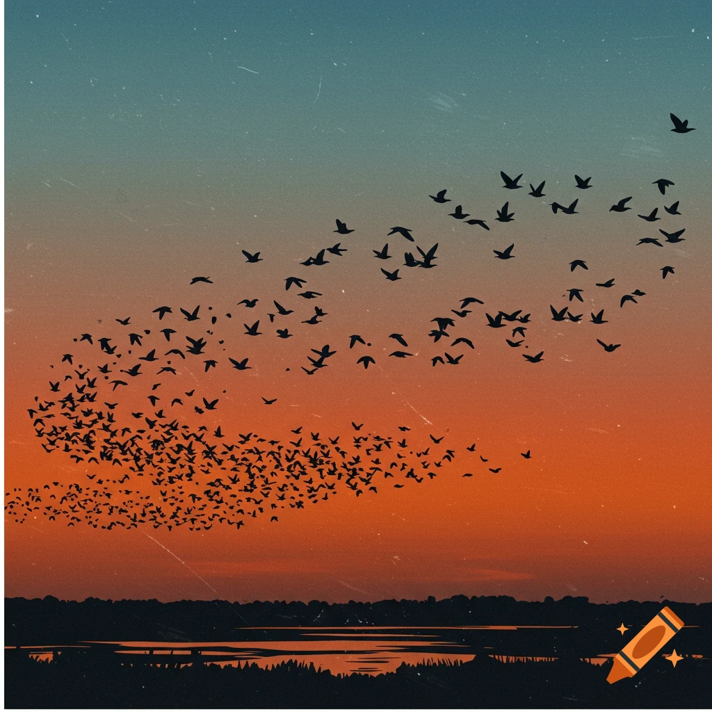 Silhouetted birds form a swirling murmeration against a blue and orange sunset sky, above a dark landscape, in a lino print style.