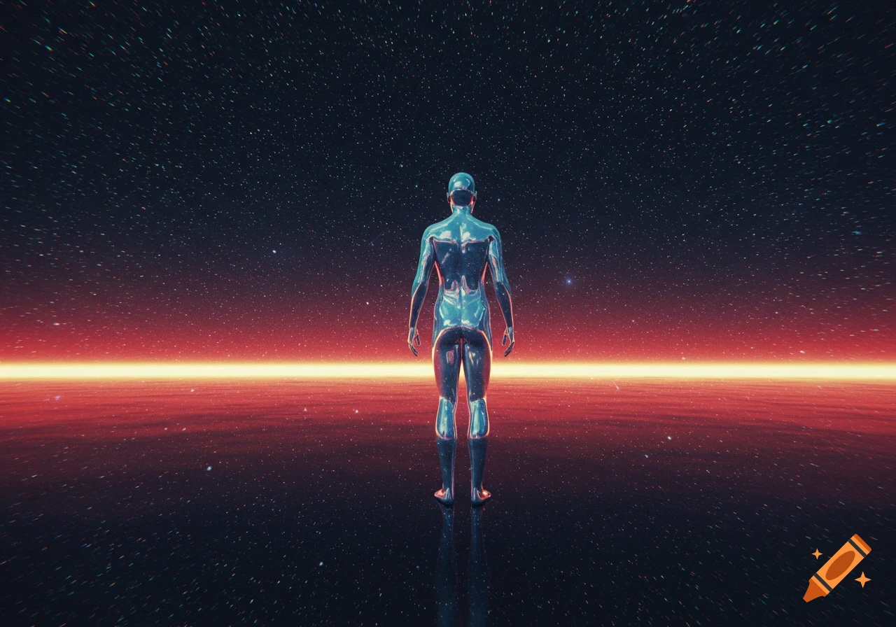 Chrome humanoid figure stands on a reflective surface facing a vibrant red-orange horizon under a star-filled sky in a surreal, cosmic scene.