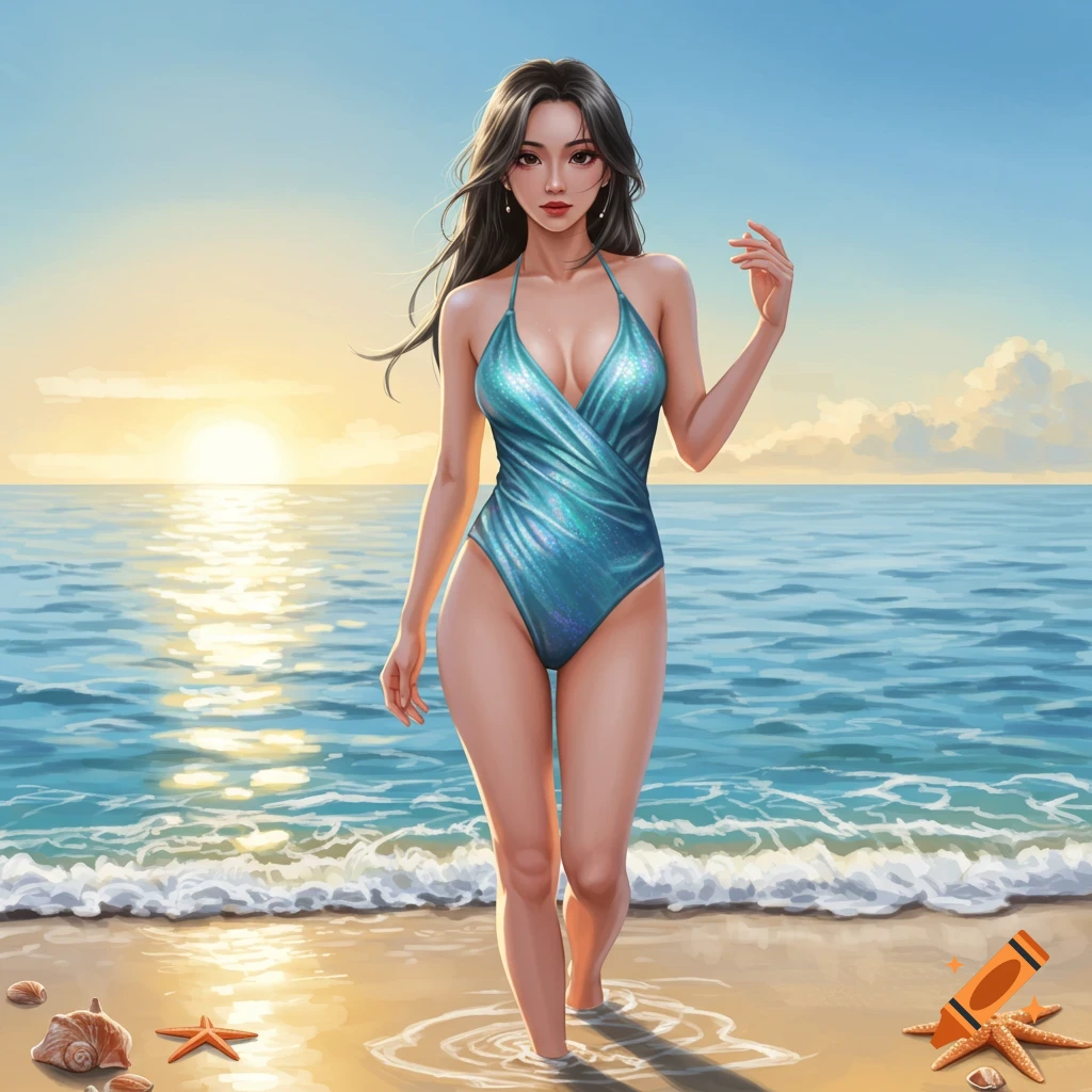 Digital art of a woman in a sparkly blue one-piece swimsuit walking on a sandy beach at sunset, with the ocean behind her.