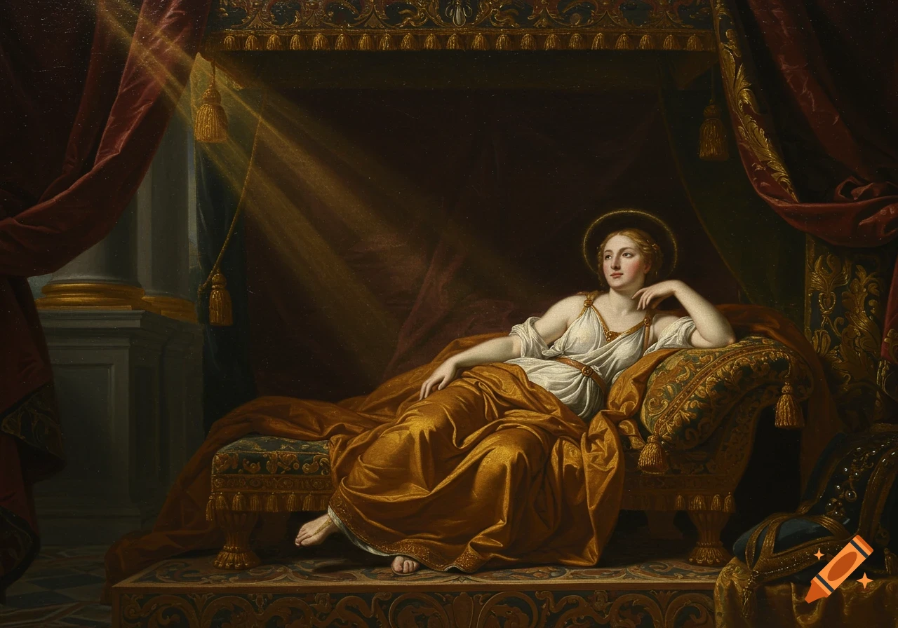 Classical painting of a woman with a halo reclining on an ornate bed, bathed in golden light.