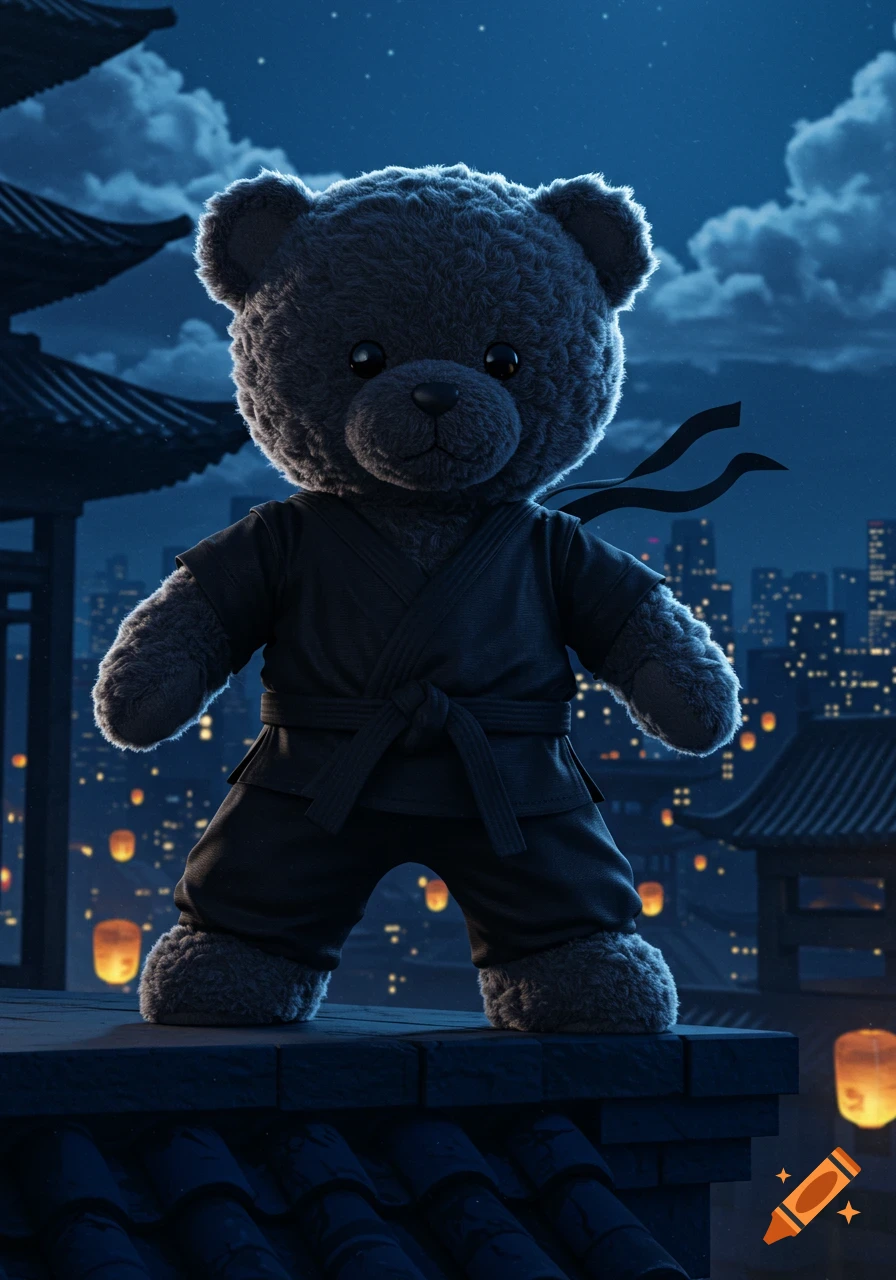 A fuzzy dark grey ninja teddy bear in a black gi stands on a rooftop overlooking a city at night with glowing lanterns and traditional architecture.