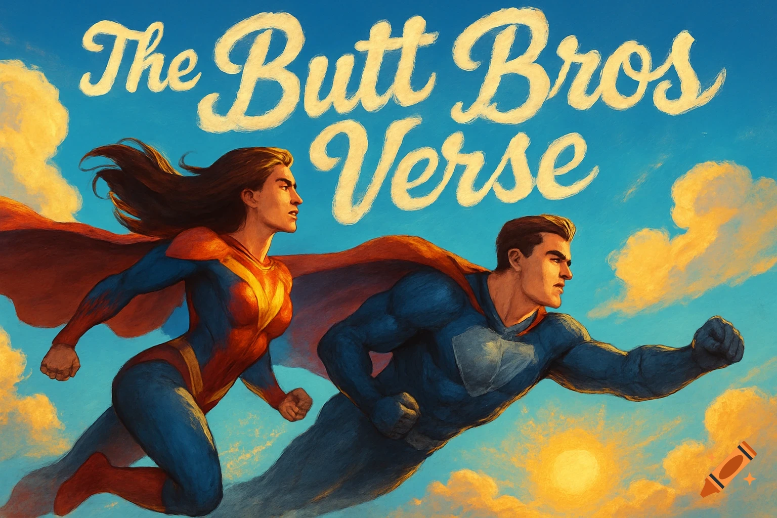 A male and female superhero fly in a bright blue sky with clouds. "The Butt Bros Verse" is written in white text across the sky.