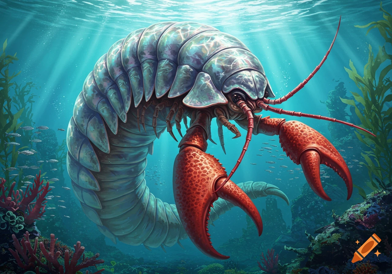 A large, segmented isopod with red lobster claws swims in a vibrant underwater scene with coral and fish.