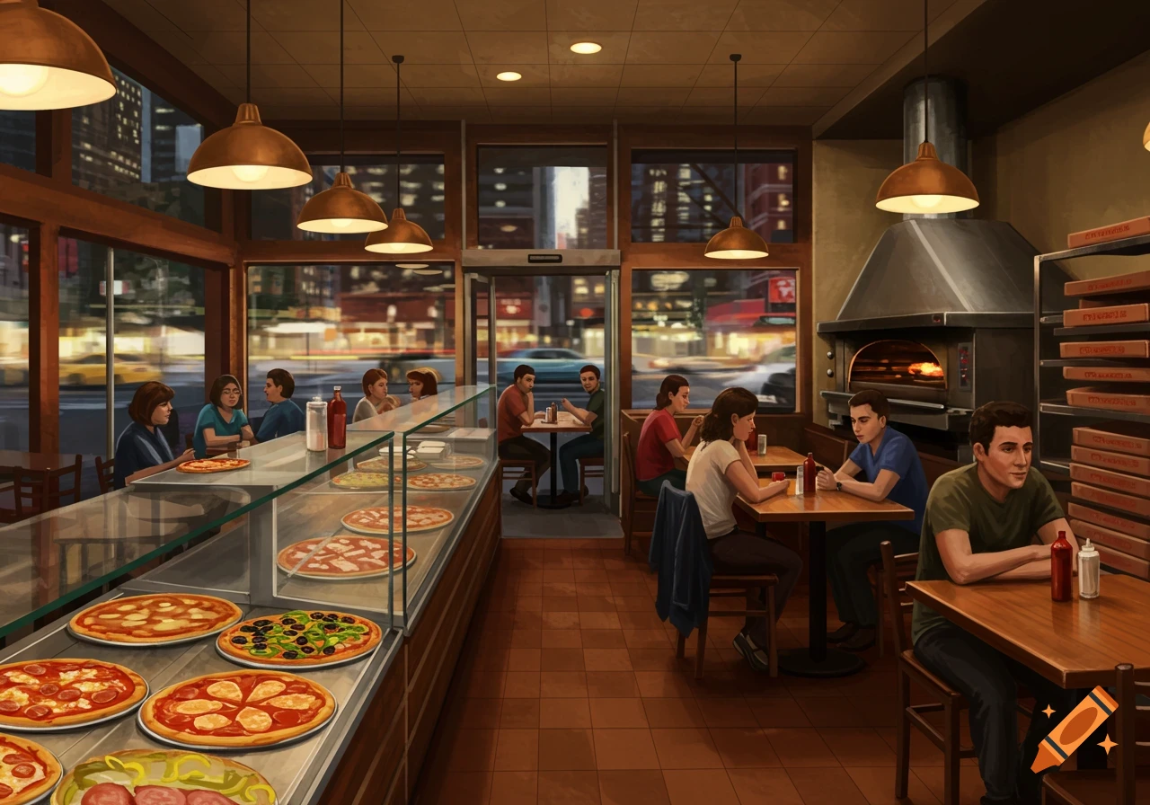 Interior of a New York pizza shop with customers dining, pizzas on display, and a cityscape visible through the windows.