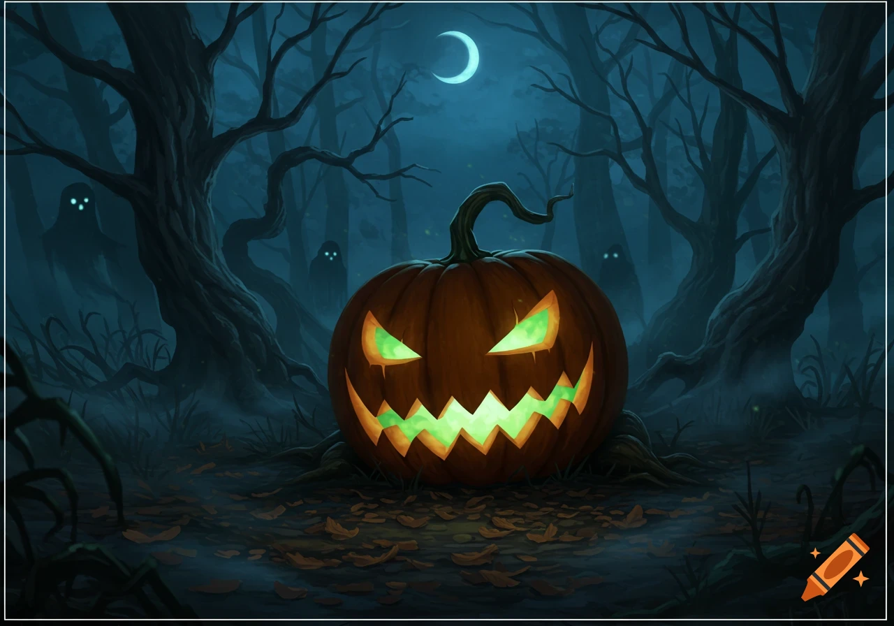 A glowing jack-o'-lantern with scary eyes sits in a dark, misty forest with ghostly figures and a crescent moon.