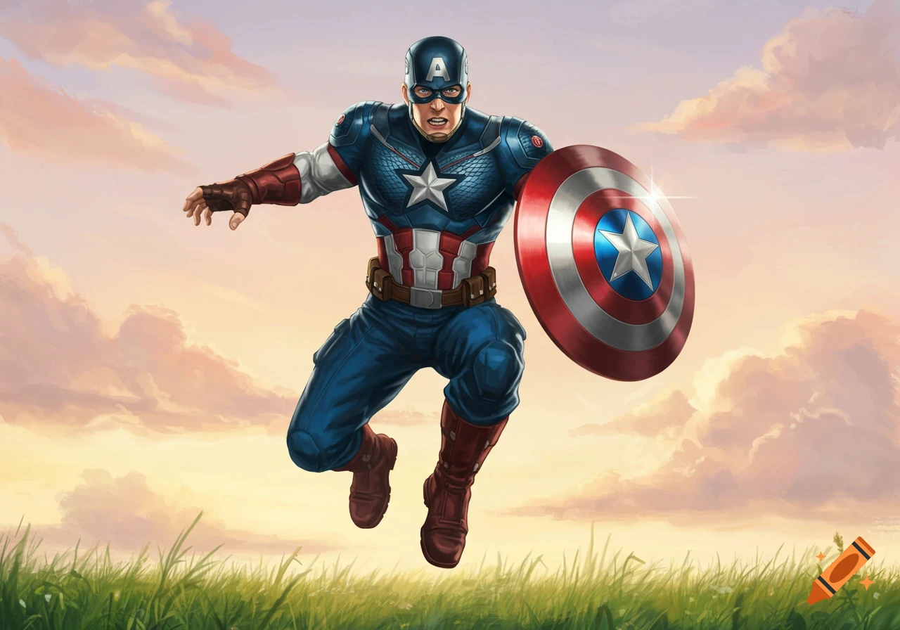 Captain America in his classic suit, holding his shield, leaping over green grass against an orange and purple sunset sky, comic art style.