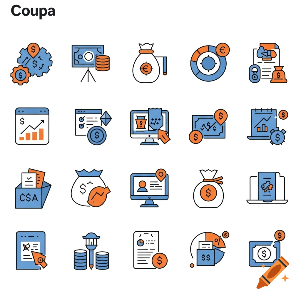 A grid of finance and business icons in blue and orange outline style, featuring money bags, charts, computers, and currency symbols, with 'Coupa' text.