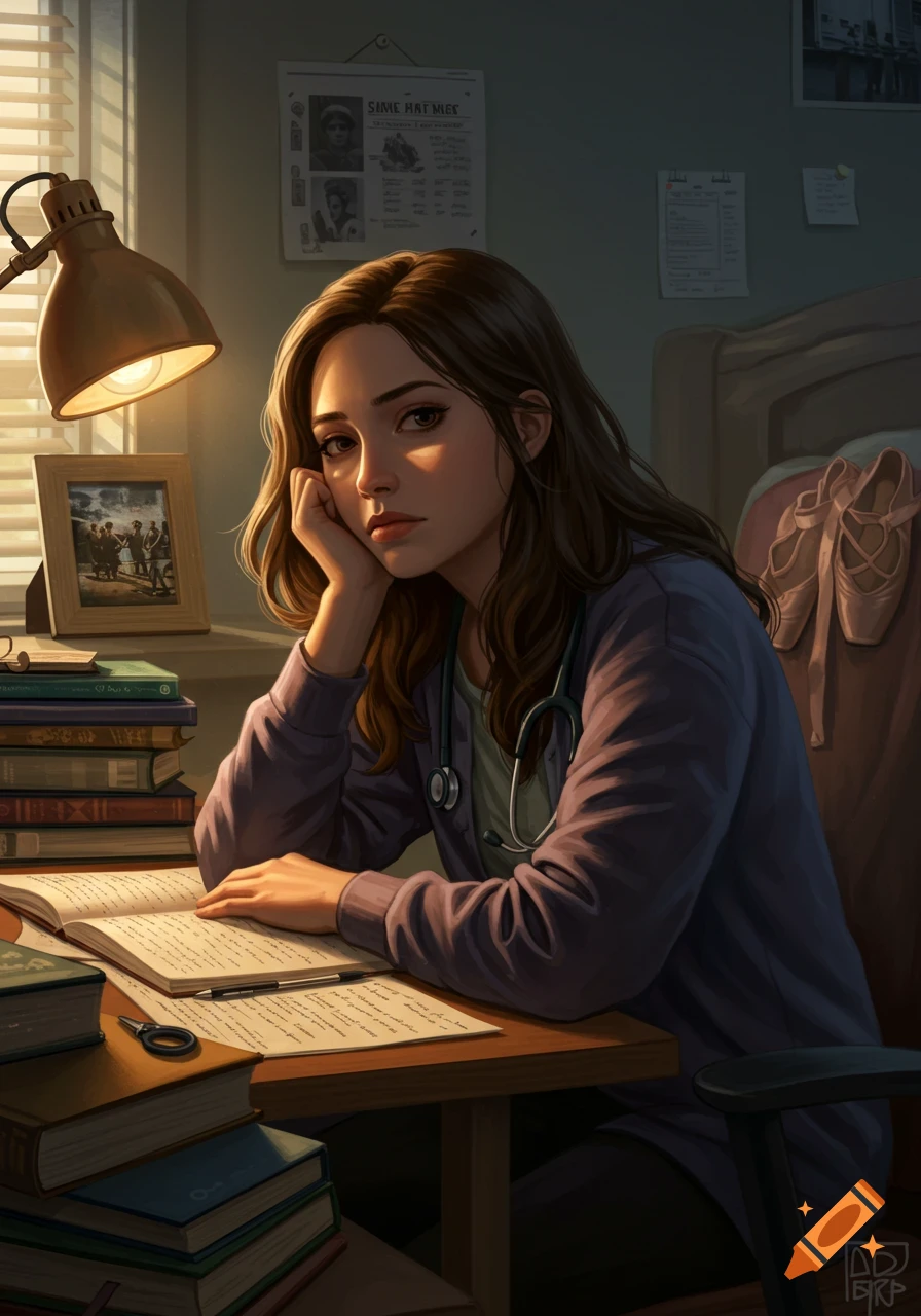 An illustrated portrait of a tired young woman with long brown hair, wearing a purple sweater and stethoscope, studying at a desk under a warm lamp light.