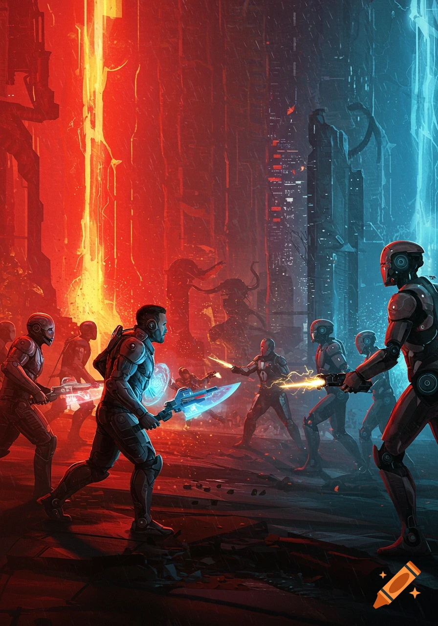 Futuristic battle scene with armored warriors fighting in a cyberpunk city bathed in red and blue neon light.