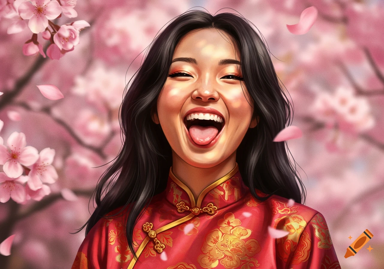 Joyful Asian woman in red traditional dress laughing with tongue out amidst pink cherry blossoms. Digital painting.