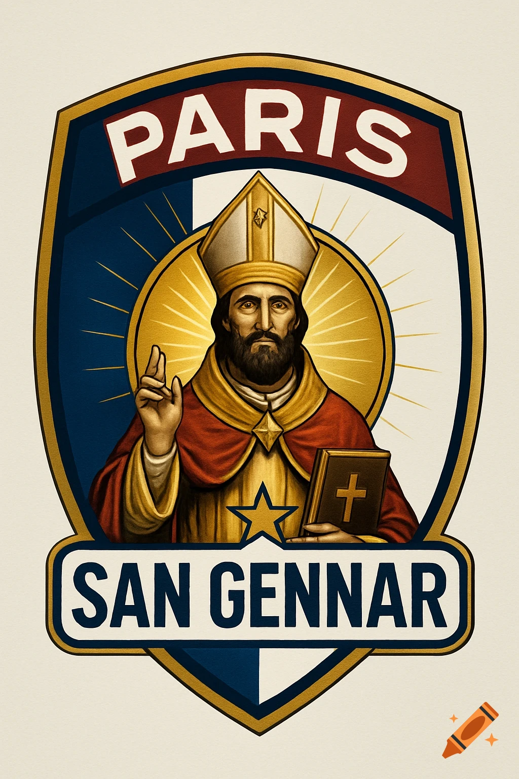 A stylized fantasy football team logo with "PARIS" and "SAN GENNAR" text, featuring Saint Januarius in bishop robes holding a book, with golden rays and a star.