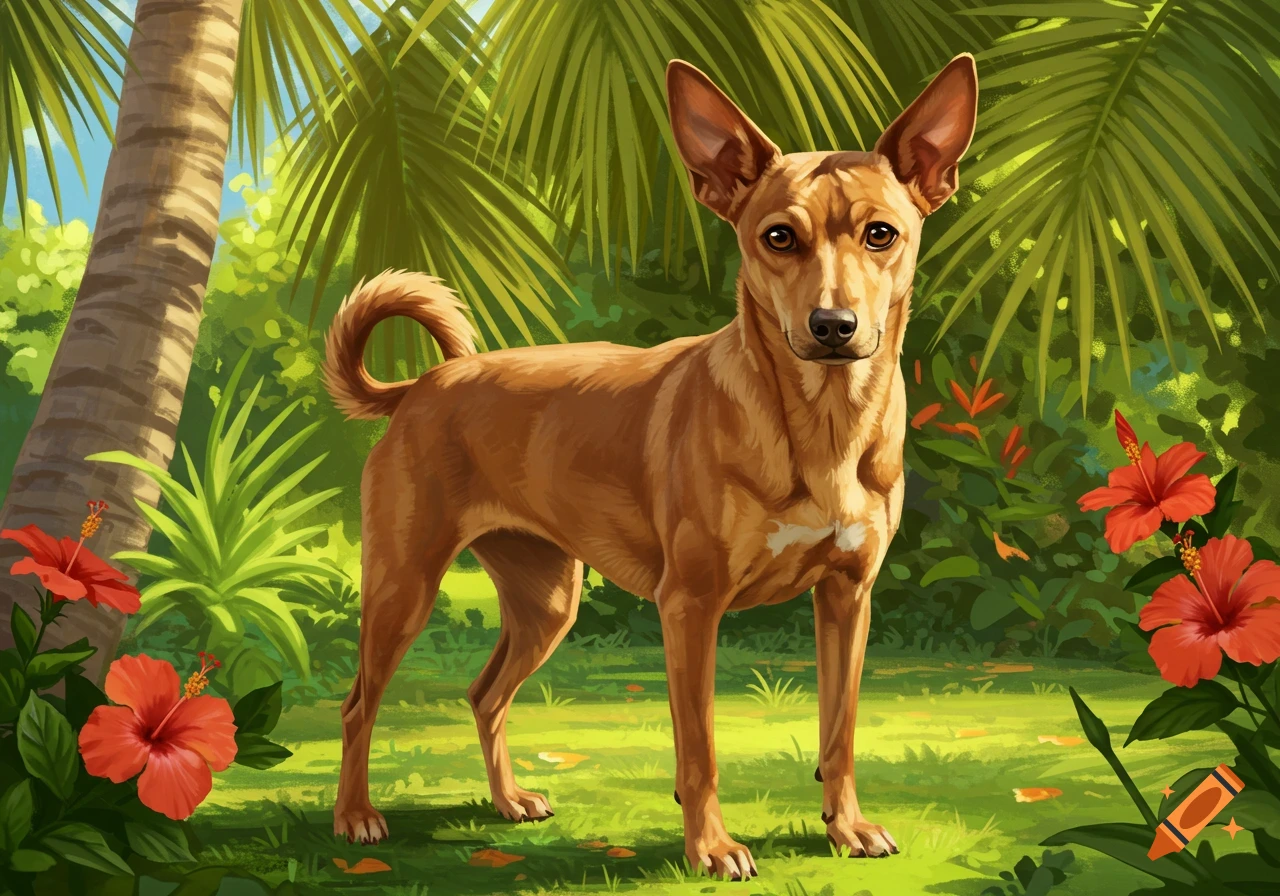 A brown dog with large ears stands in a lush tropical garden with palm trees and red hibiscus flowers, digital art style.