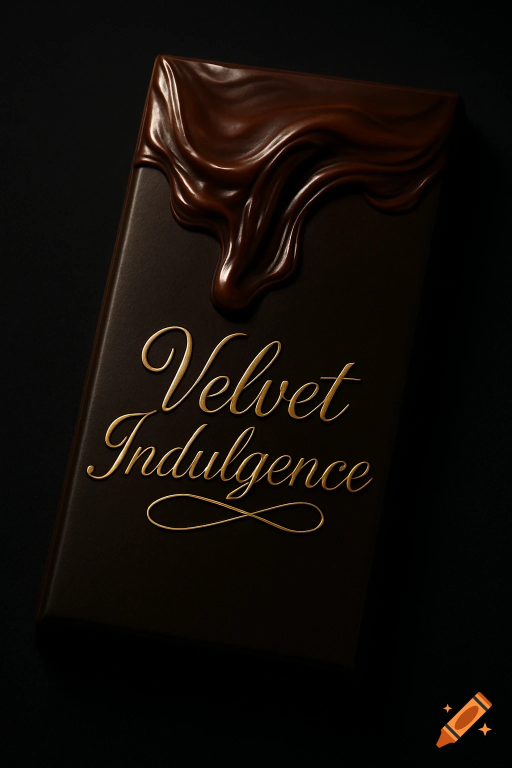 A dark chocolate bar with melting chocolate on top, featuring the golden text "Velvet Indulgence" on a black background.