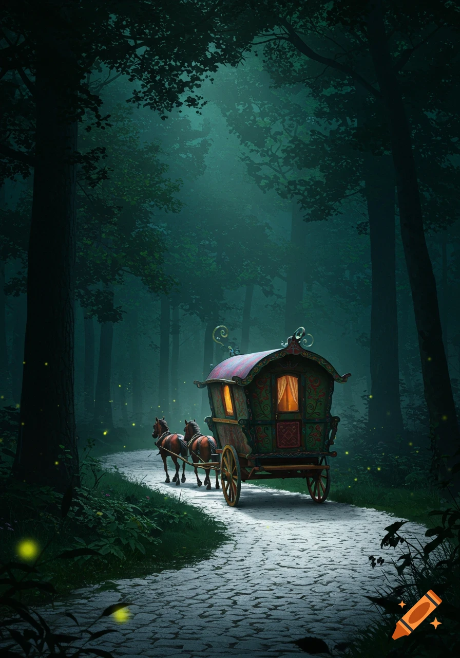 A colorful, ornate gypsy vardo pulled by two horses on a winding cobblestone path through a dark, misty forest with fireflies.
