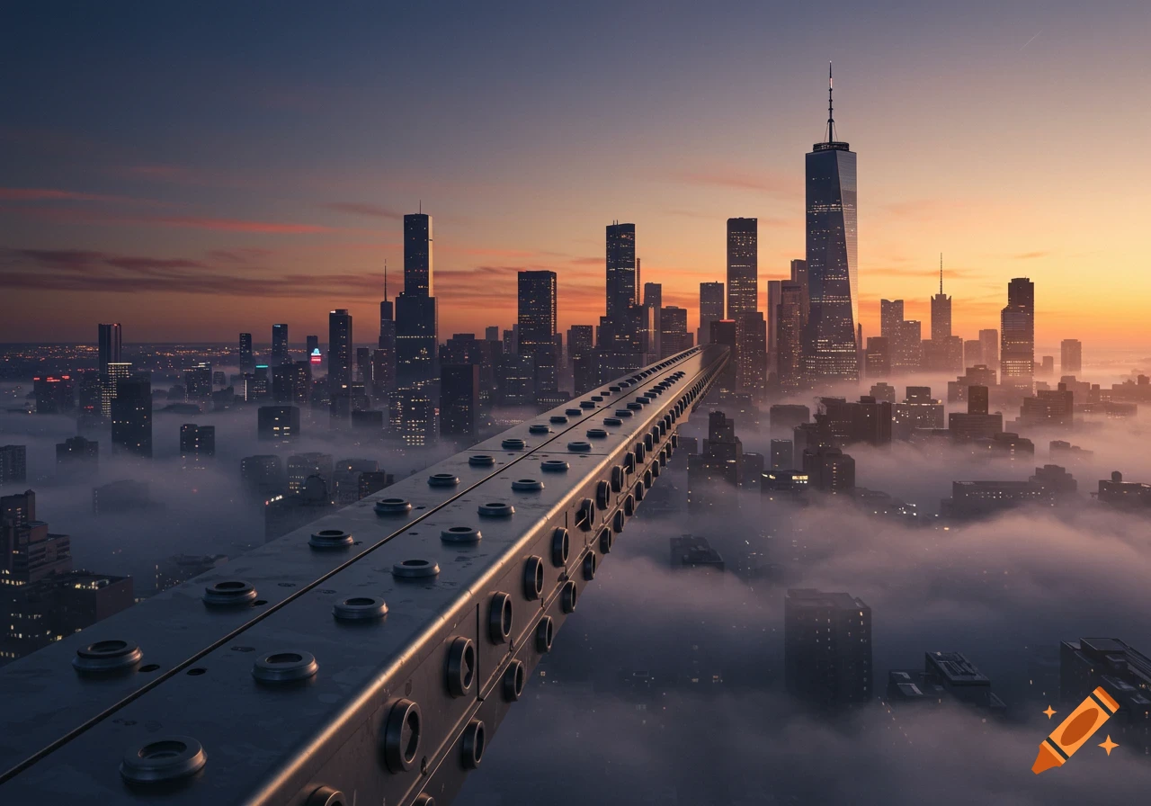 Photorealistic cityscape at sunset with towering skyscrapers emerging from dense fog, an imposing metallic structure in the foreground.