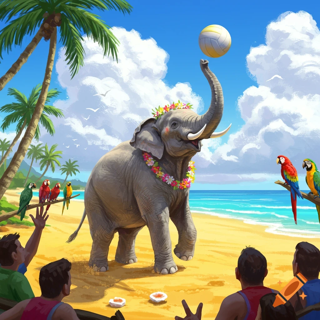 A cartoon elephant wearing a lei plays volleyball on a sunny tropical beach with people and parrots.