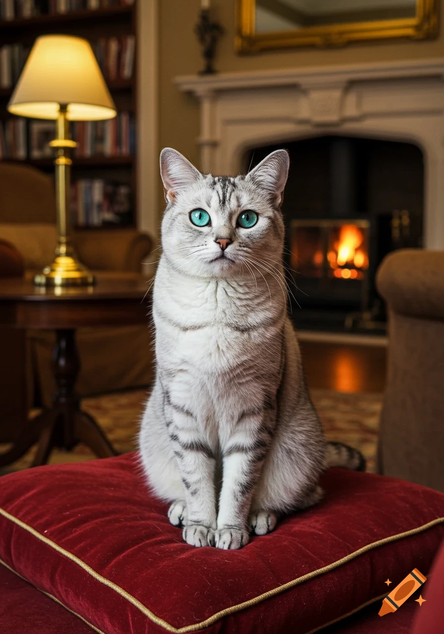 A photorealistic silver tabby cat with bright blue eyes sits on a red velvet cushion in a cozy living room with a fireplace.