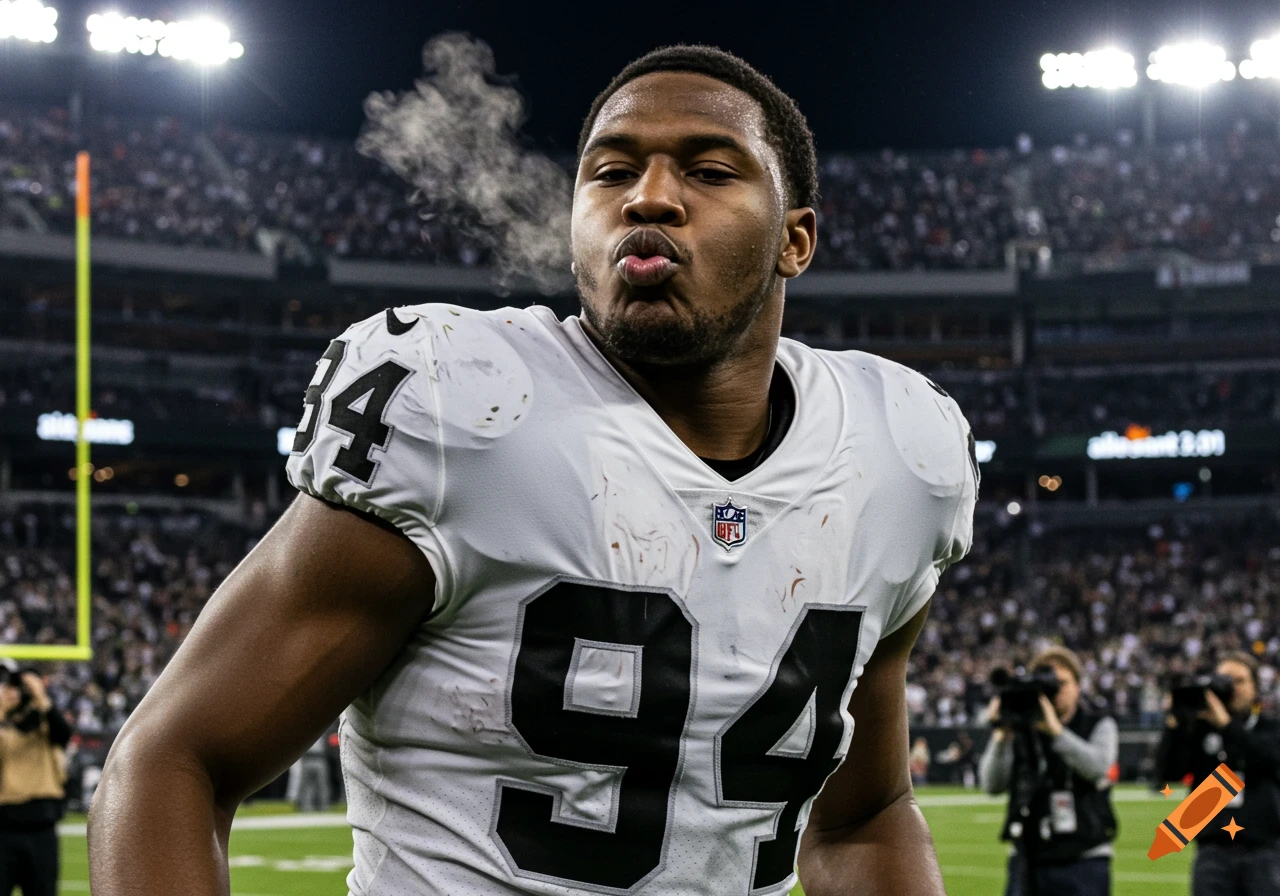 Las Vegas Raiders #94 Christian Wilkins makes a kissy face with steam from his mouth on a football field at night.