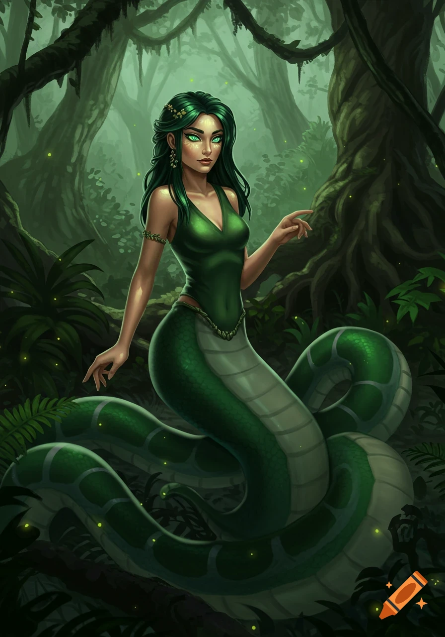 Detailed fantasy illustration of a female naga with green hair and glowing eyes in a lush jungle.