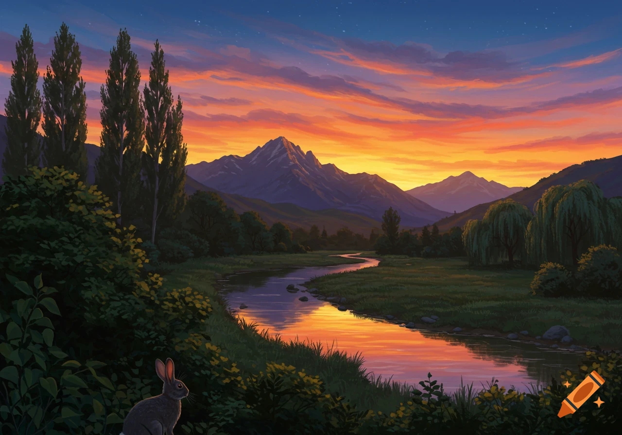 A stylized landscape featuring a winding river reflecting a vivid sunset sky, with mountains, trees, and a rabbit in the foreground.