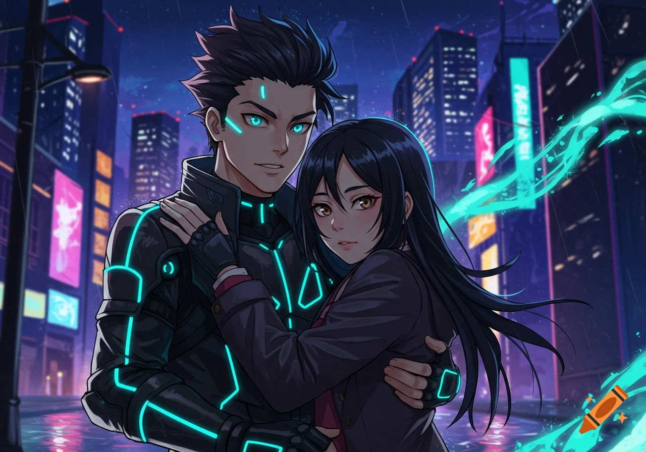 Anime couple with glowing eyes and cybernetic suits embrace in a neon-lit cyberpunk city at night.