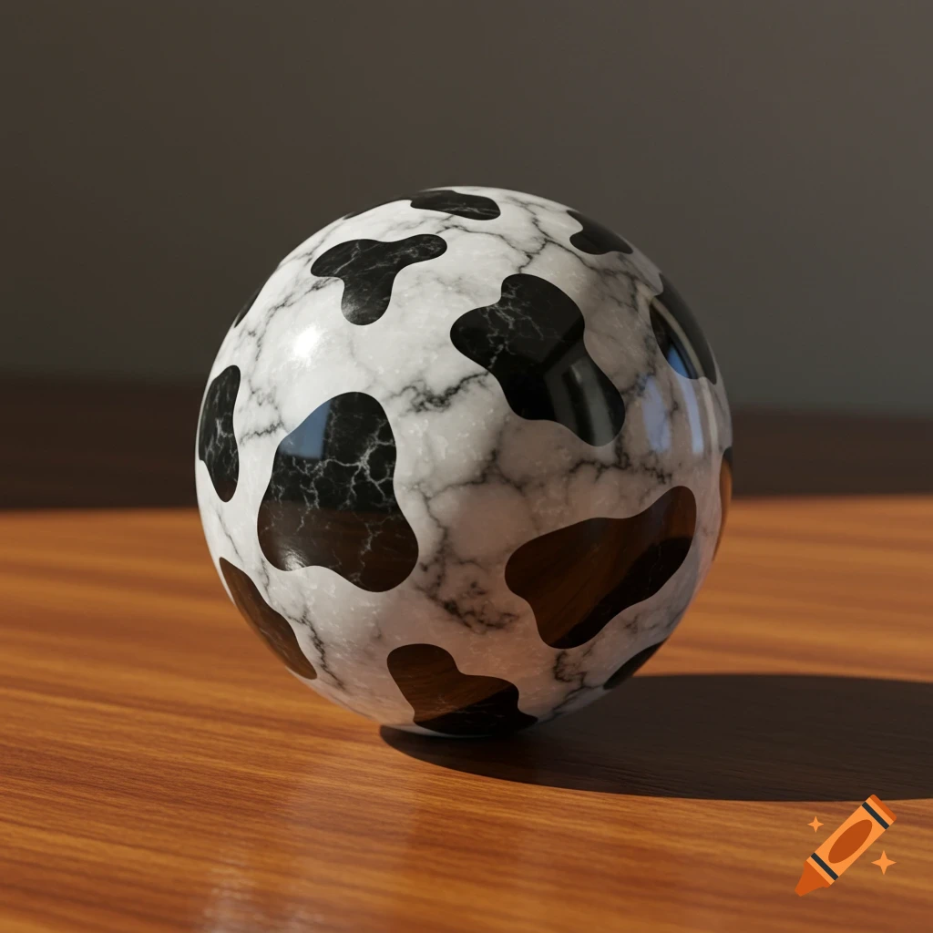 A shiny white marble sphere with black cow print patterns rests on a polished wooden surface, lit from the side.