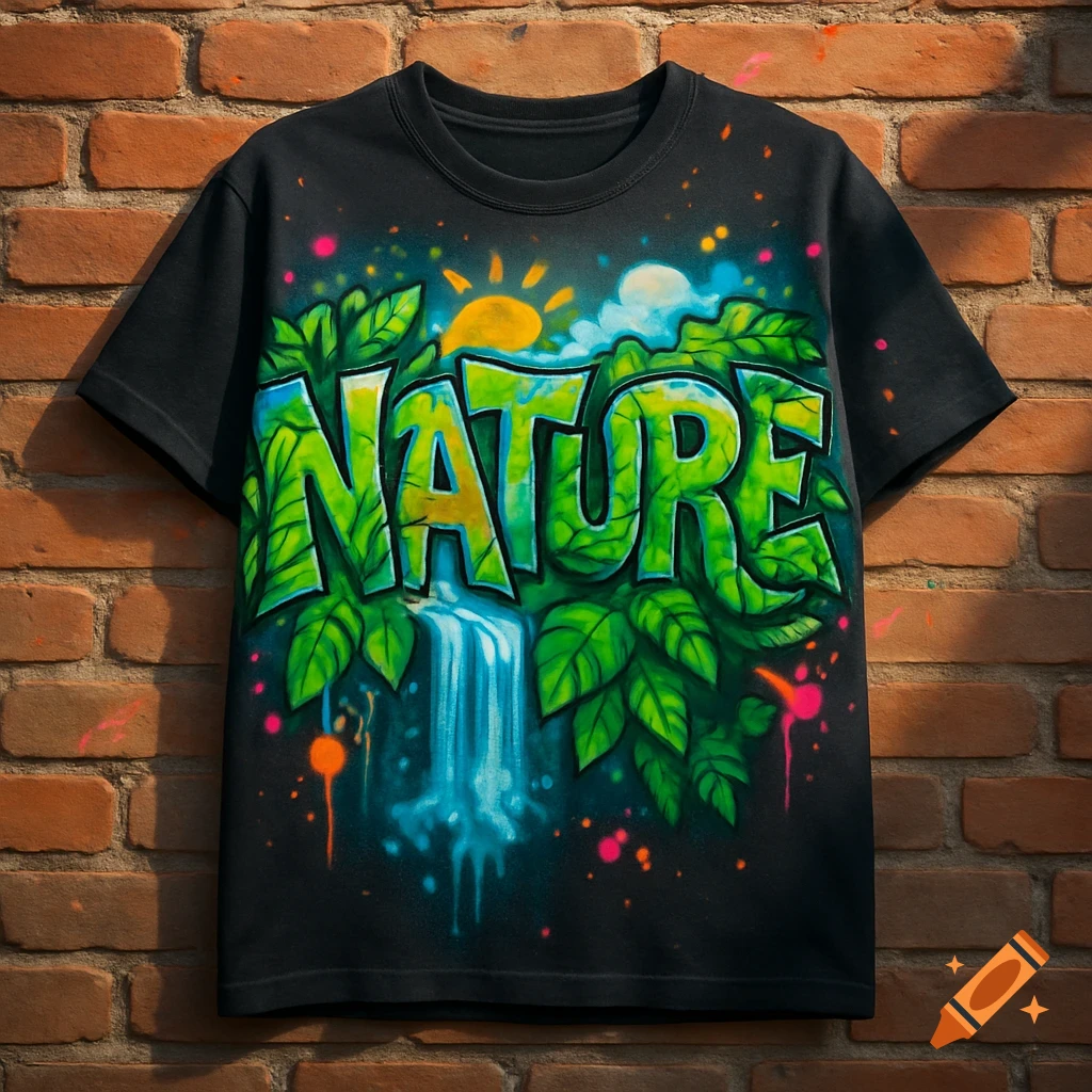 A black t-shirt hangs on a brick wall, featuring a vibrant graffiti design with 'NATURE' text, green leaves, a waterfall, and colorful splatters.
