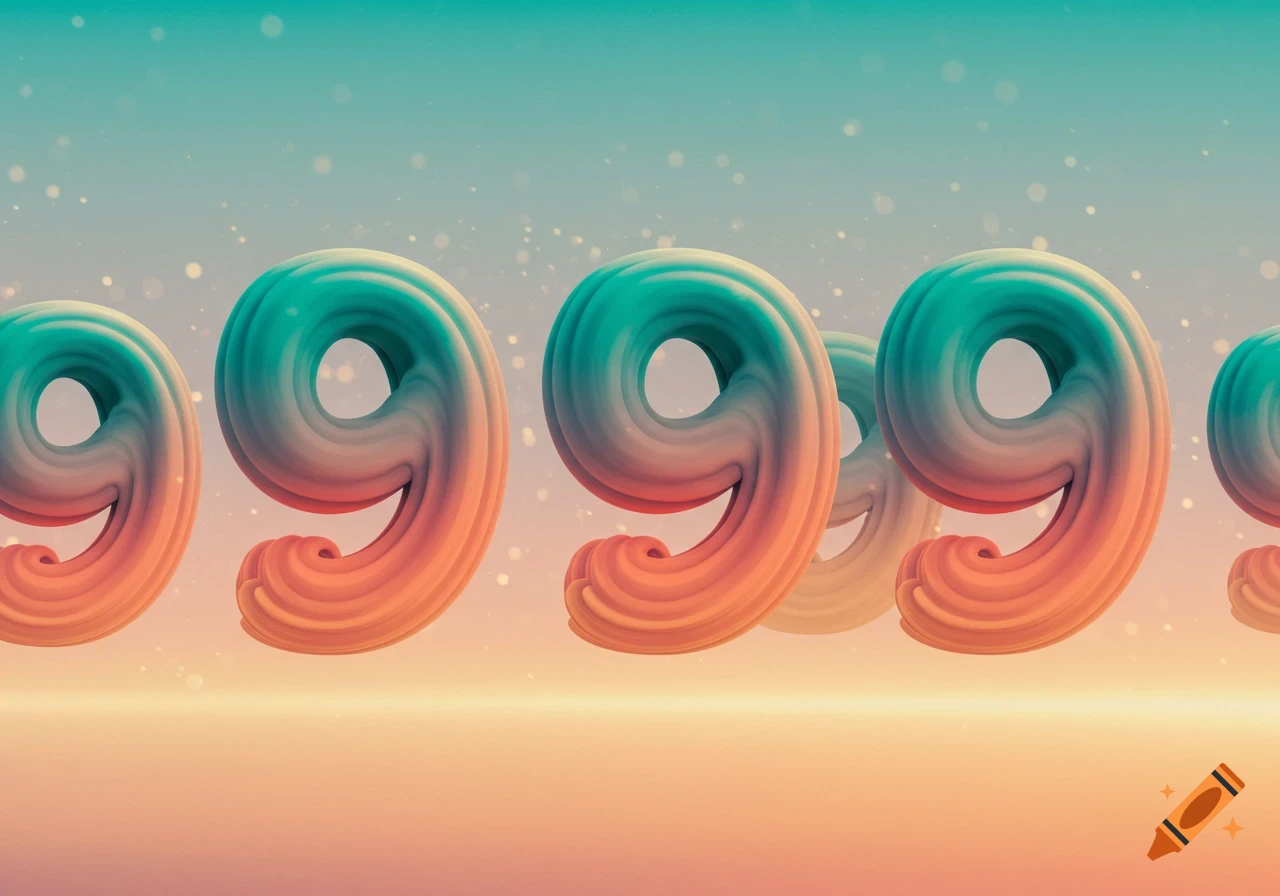 Multiple stylized, colorful 3D number nines in a repeating pattern against a gradient background.