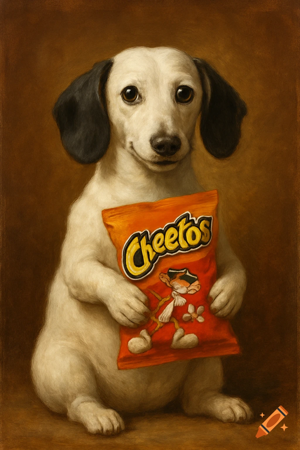 Stylized painting of a white dog with black ears sitting, holding an orange Cheetos bag with Chester Cheetah on it.