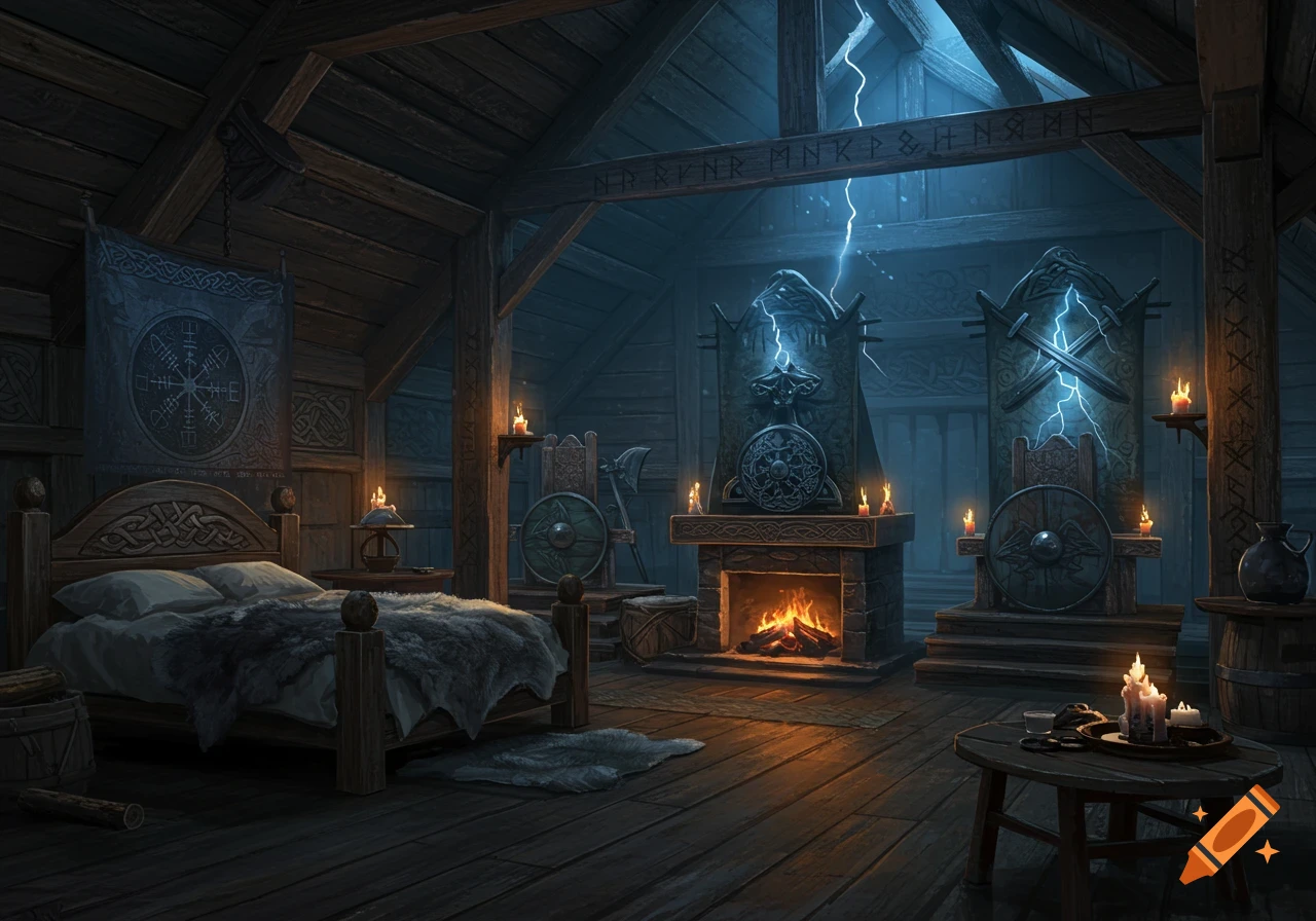 A dimly lit Viking longhouse bedroom with a bed, a fireplace, and two altars with lightning effects, adorned with runic symbols.
