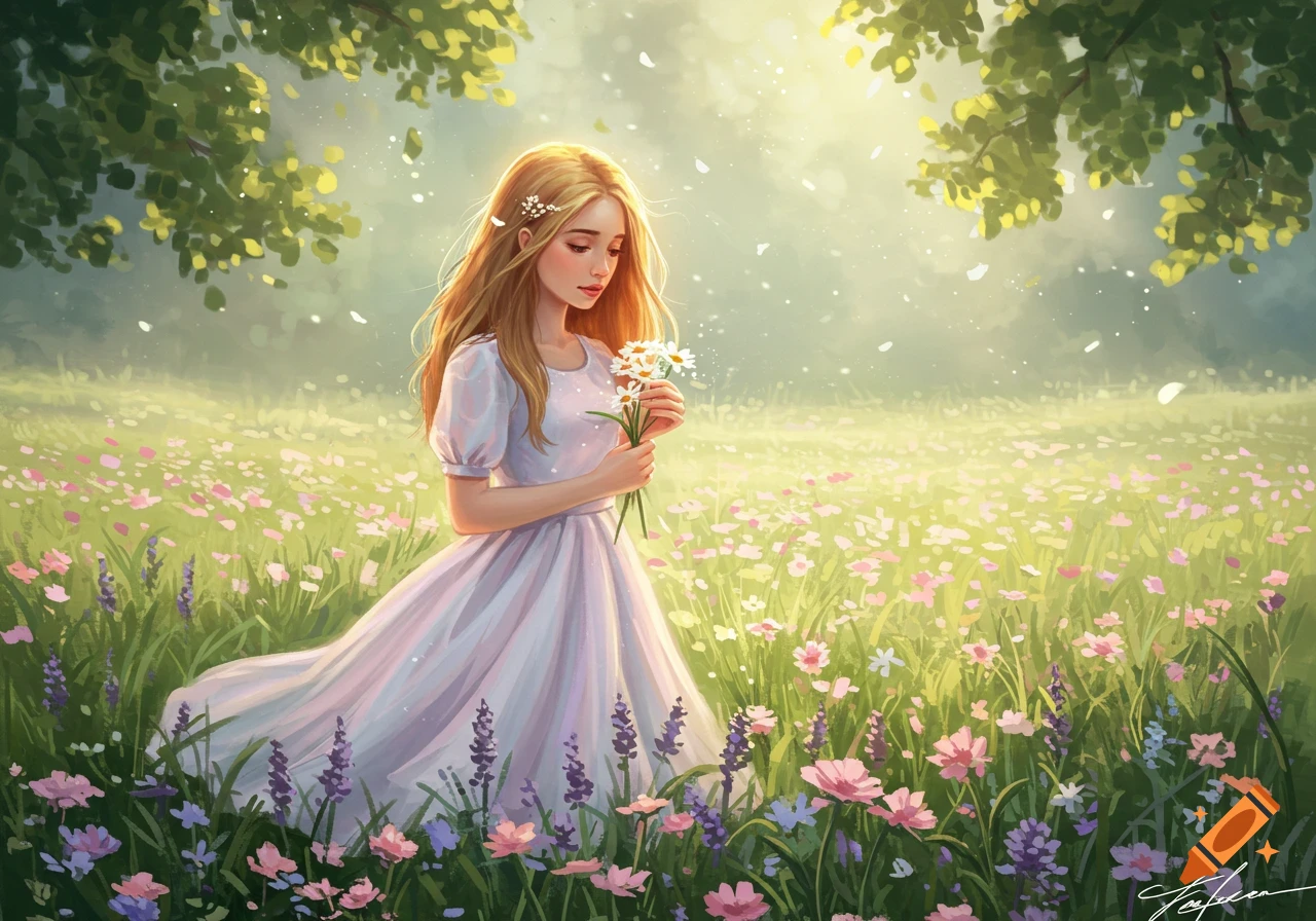 Illustrated girl with long blonde hair holding white flowers in a sunny field of colorful wildflowers, light shining through trees.