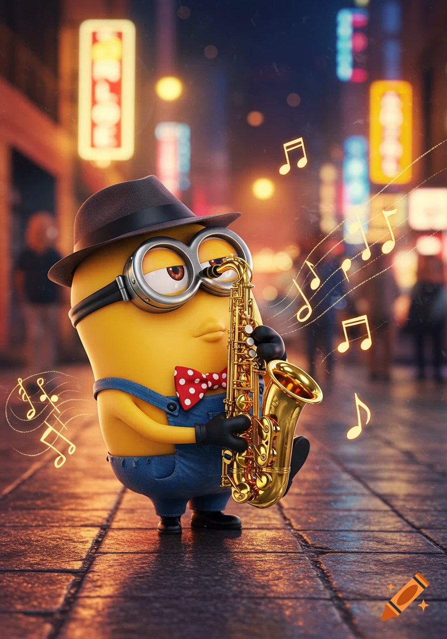 A Minion wearing a fedora and red bow tie plays a golden saxophone on a wet, illuminated city street at night, with blurred neon signs.