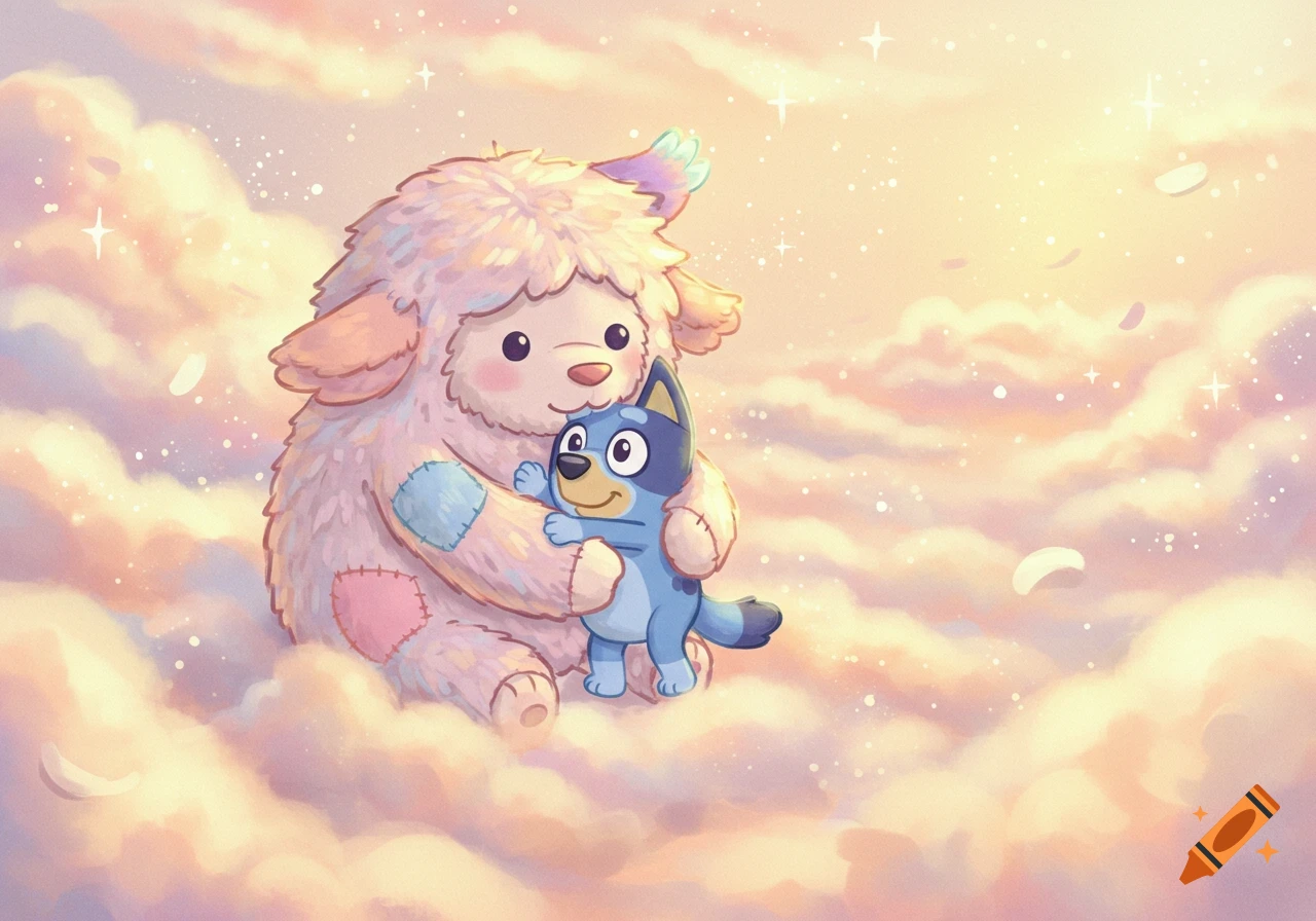A large fluffy pink creature with patches hugs Bluey amidst pastel, sparkling clouds in a whimsical cartoon style.