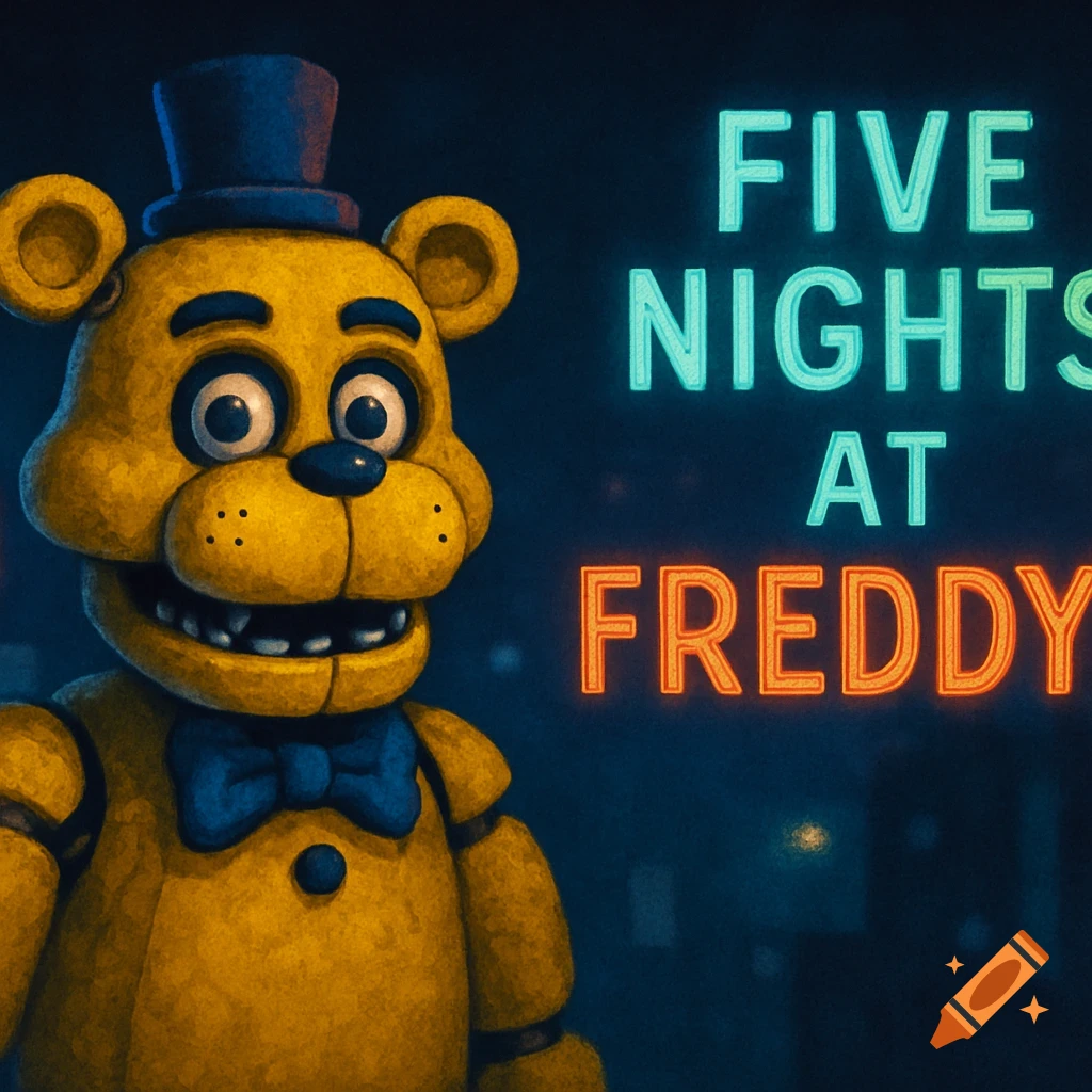 A yellow animatronic bear wearing a blue top hat and bow tie stands next to neon text that reads "FIVE NIGHTS AT FREDDY".