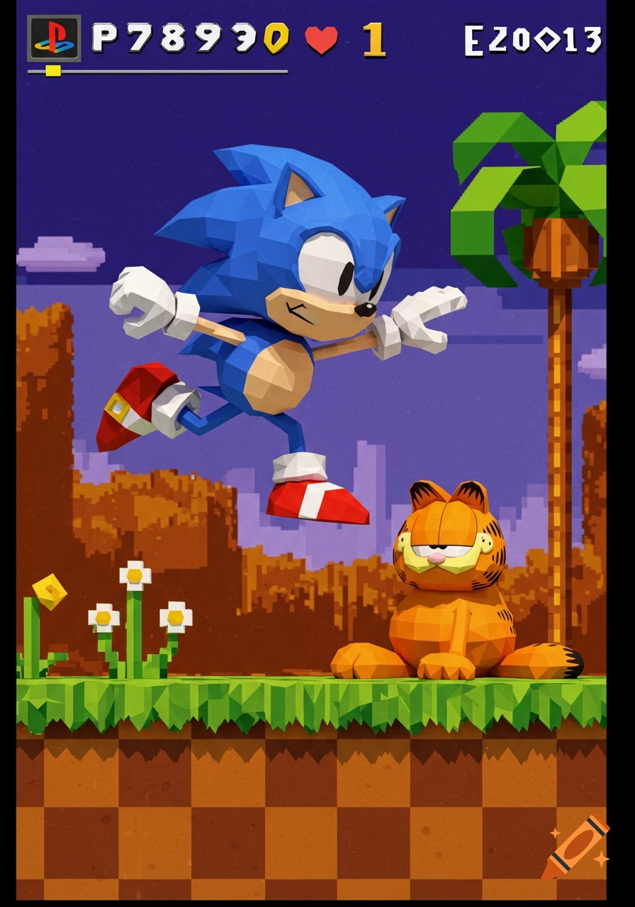 Low-poly Sonic the Hedgehog jumps over a sitting Garfield in a retro pixel art video game scene with a PlayStation-style score display.