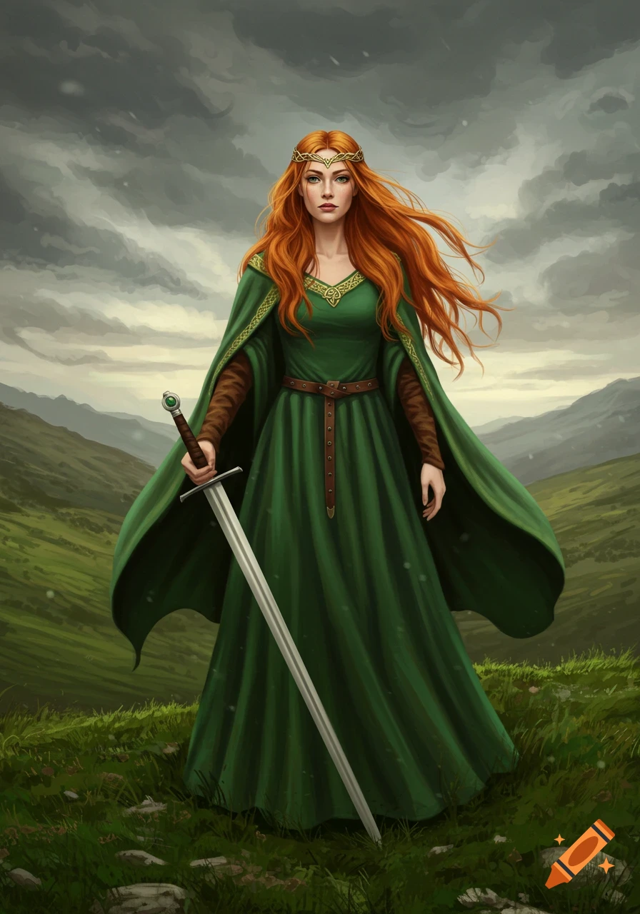 A red-haired Celtic noblewoman in a green dress and circlet stands on a grassy hilltop, holding a sword on a cloudy day.