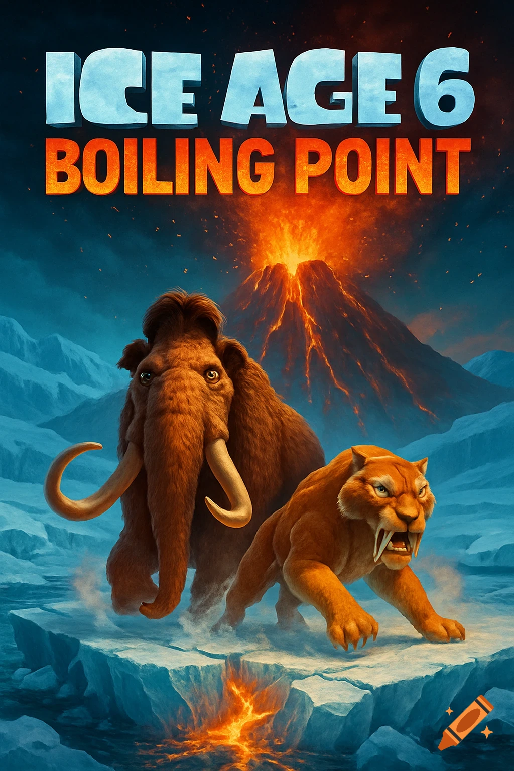 Animated movie poster for Ice Age 6: Boiling Point, featuring a mammoth and saber-toothed tiger on cracking ice with an erupting volcano in the background.