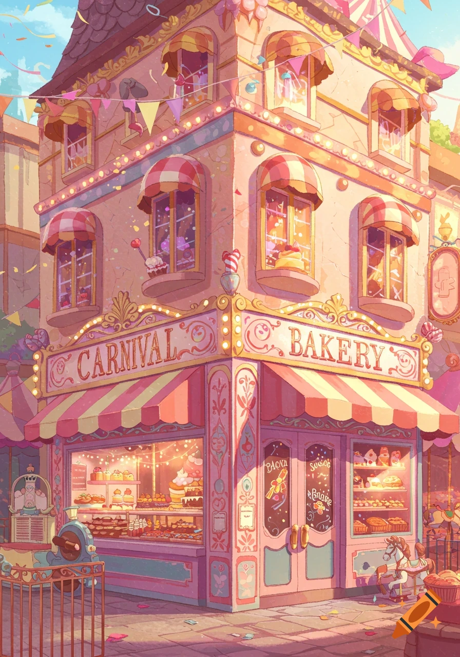 A whimsical, pastel-colored carnival-themed bakery building with striped awnings, bright 'CARNIVAL BAKERY' signs, and baked goods visible through the windows, in an illustrated style.