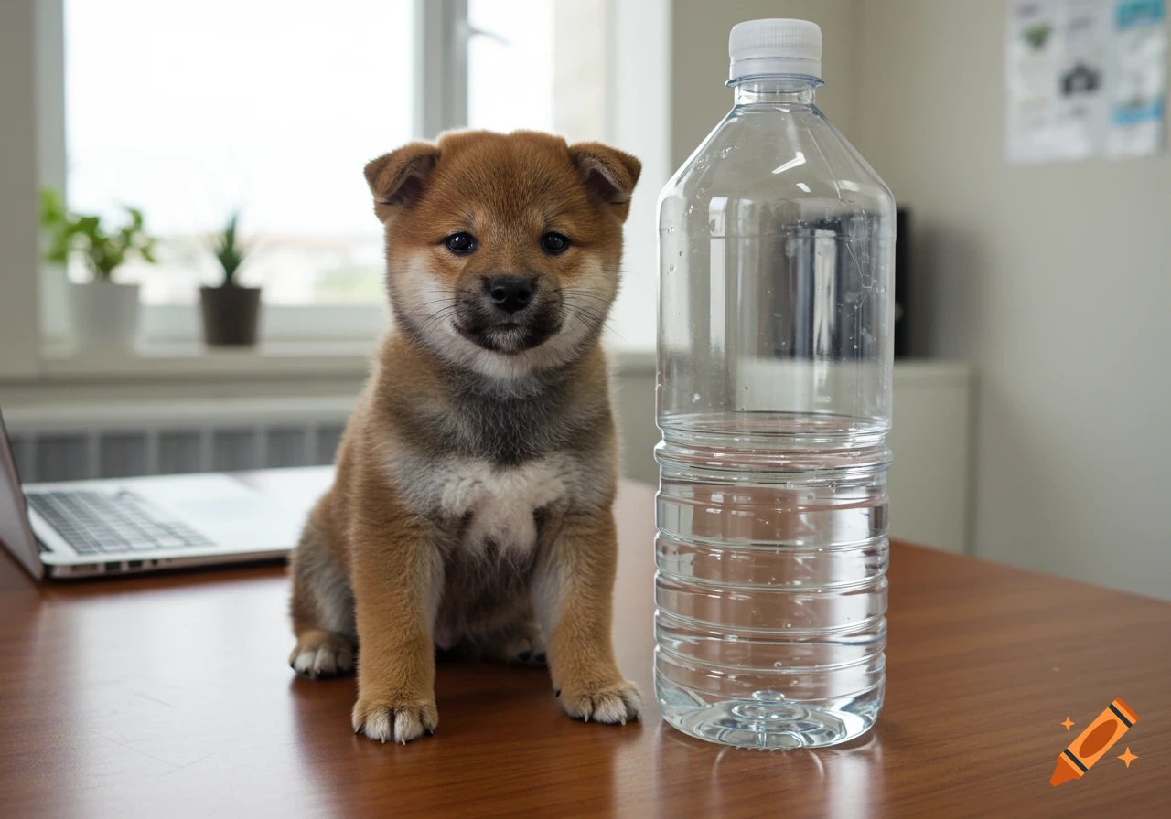 A small Shiba Inu puppy sits on a desk next to a large water bottle, with a laptop and plants in the background.