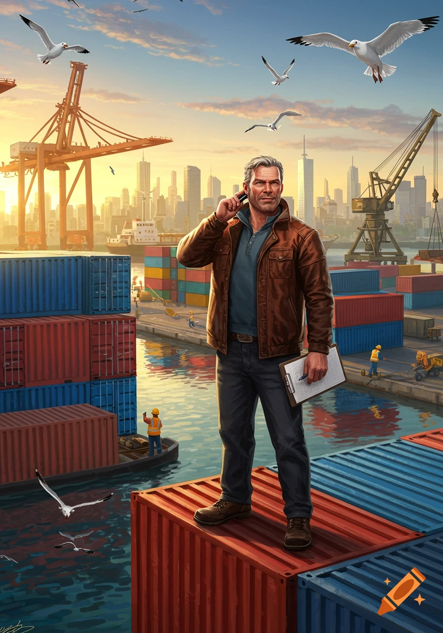 An illustrative scene of a man on a shipping container at a port, talking on a phone, with a city skyline and seagulls at sunset.
