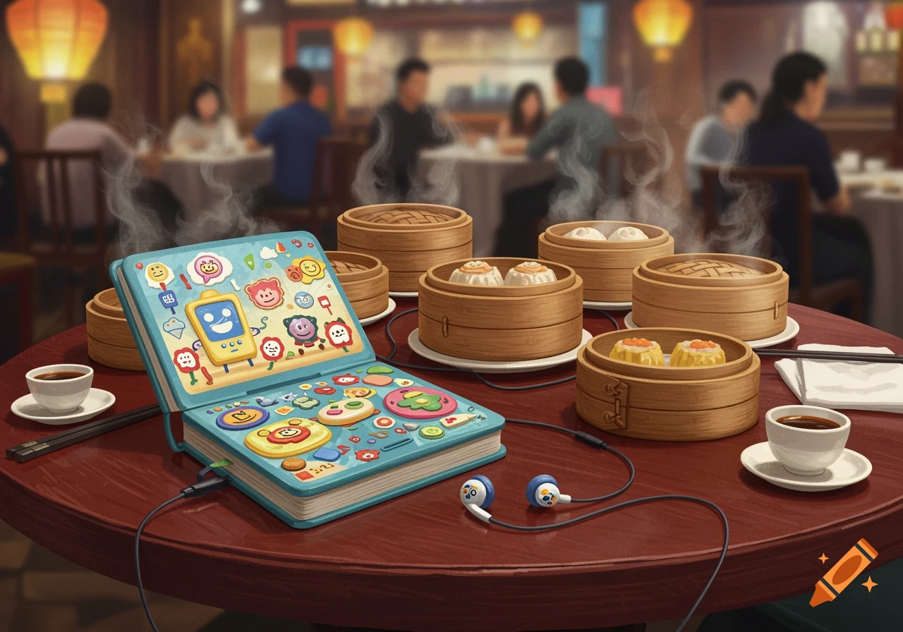 A blue children's sound book with wired headphones sits on a red table surrounded by steaming dim sum baskets in a bustling restaurant.