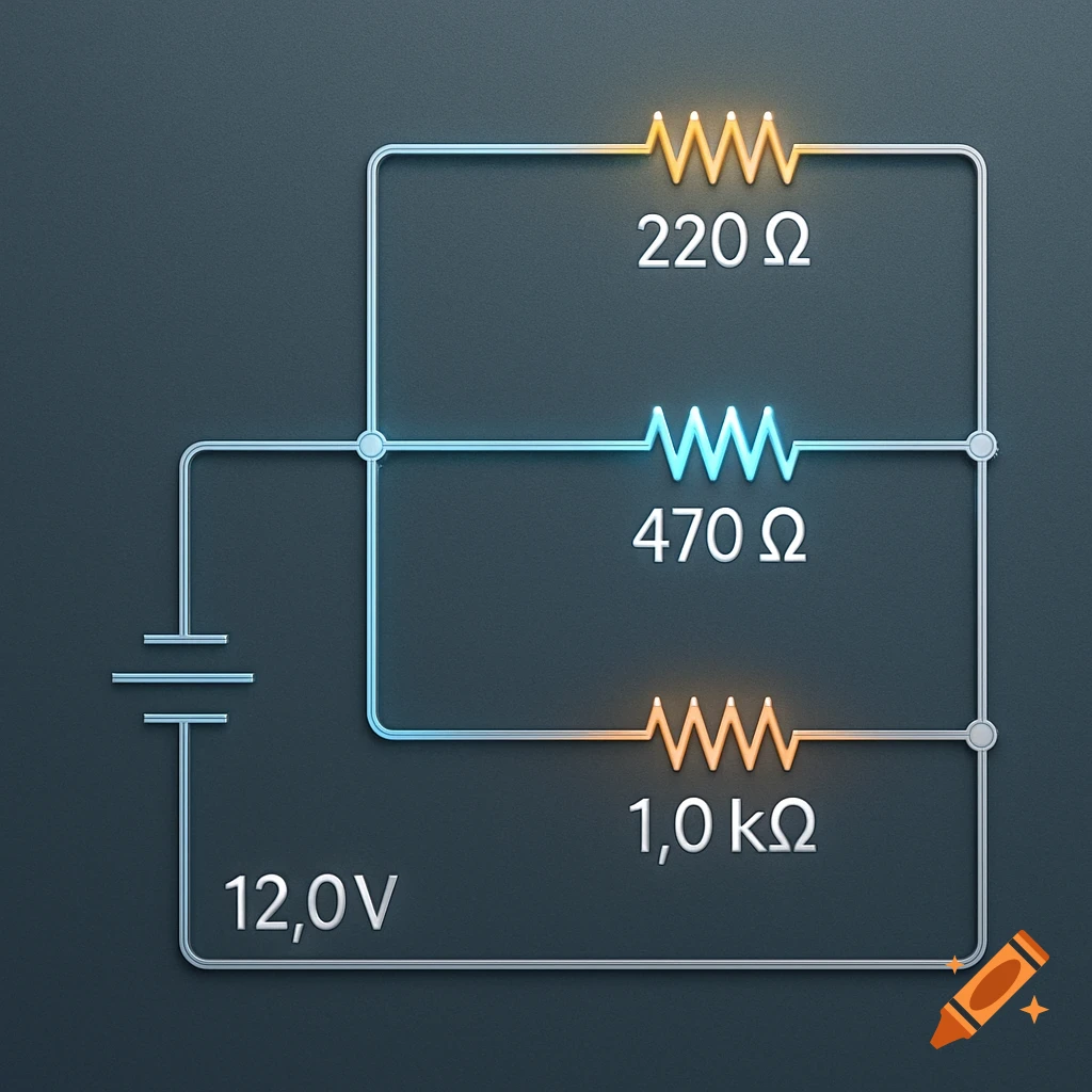 A 3D illustration of an electrical circuit diagram with a 12V source and three parallel resistors: 220 Ohm, 470 Ohm, and 1.0 kOhm.